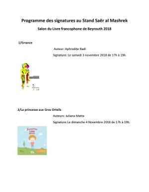 Programme des signatures au Stand Saër Al Mashrek au Salon du Livre francophone de Beyrouth 2018